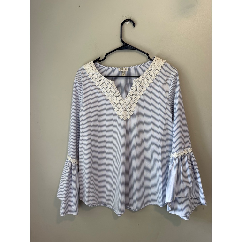 Spense Women XL Blue White Striped Crochet Lace V-Neck Bell Sleeve Blouse Top